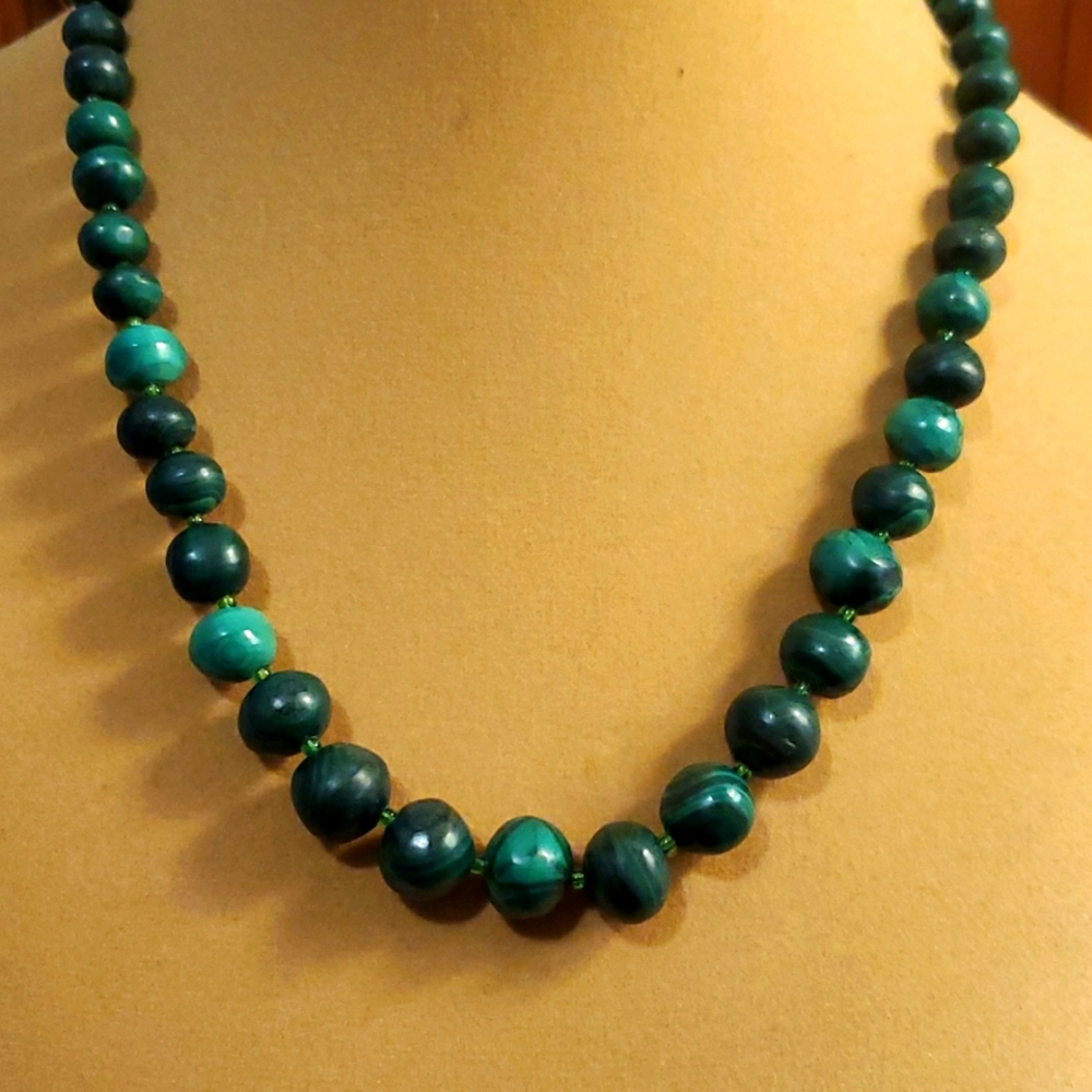 Vintage Malachite Necklace Sterling Natural Stones 18"